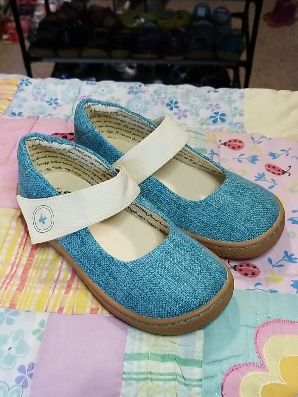 Livie & Luca Teal/ Turquoise Canvas Mary Jane with Cream Strap HTF Size 1 Youth